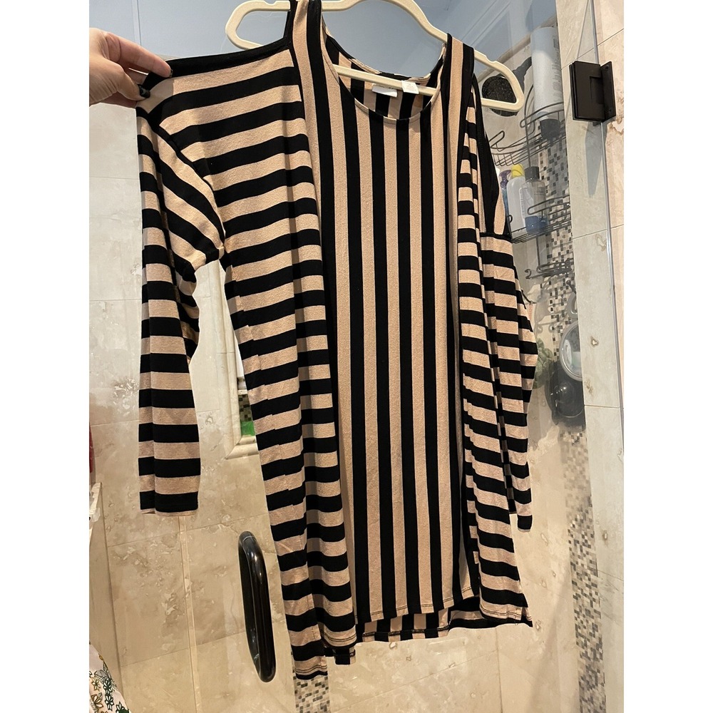 Zenergy Chicos Beige Black Long Sleeve Cold Shoulder Tunic Top Size 2 Large